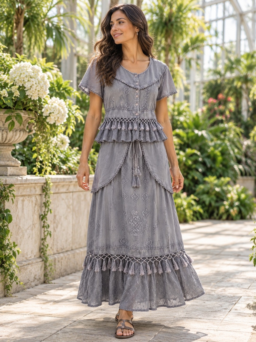 Vintage Encounter Grey Embroidered Tassel Maxi Skirt Top Set Boho Free Size
